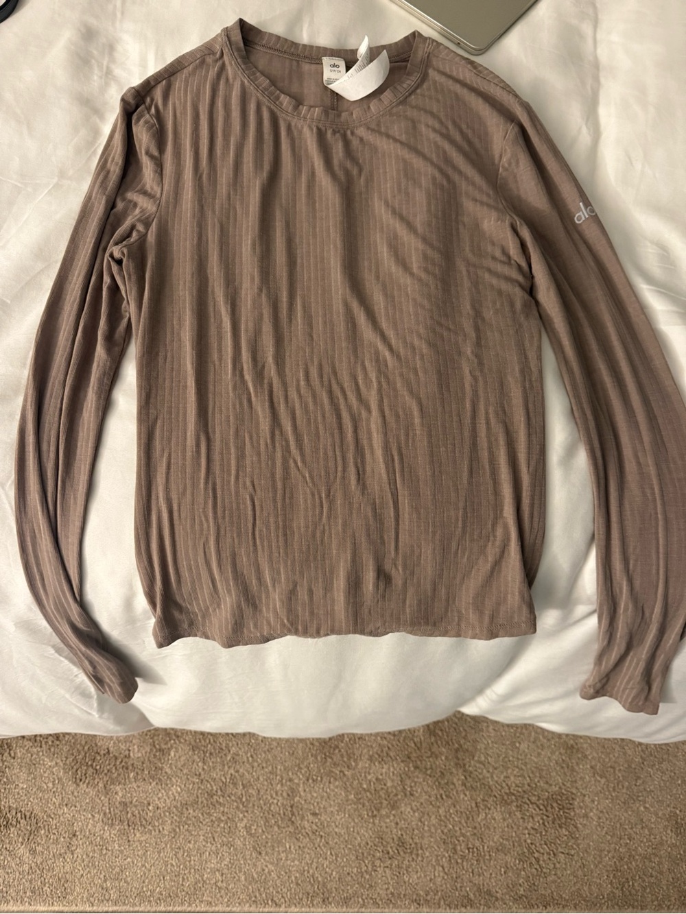 ALO Yoga Long Sleeve Ribbed Crew Neck Top - Taupe Brown